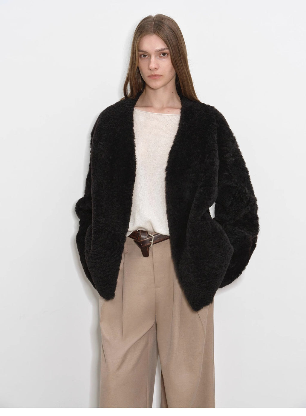 Paris Night" luxury lightweight v-neck mid-length imported ragone sheepskin fur coat